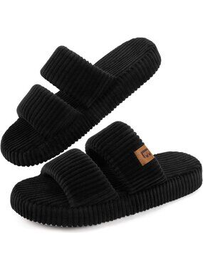 〽️Women's Black Open Toe Flat Slippers Dual Strap Slide Comfortable House Shoes